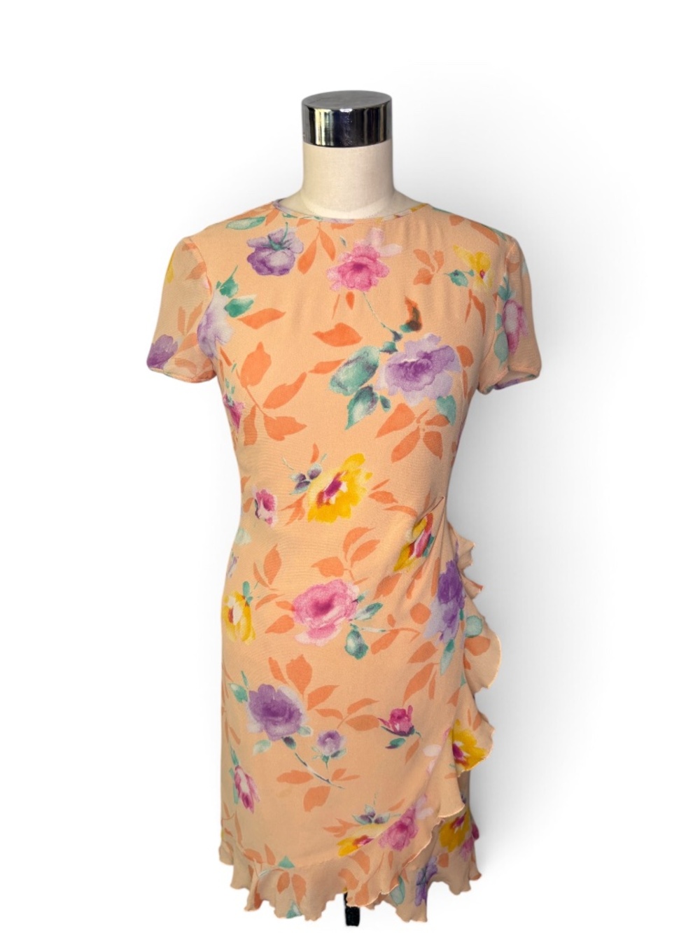 Vintage Emanuel Ungaro Floral Silk Peach Ruffle Wrap Dress Size 6 Made in Italy